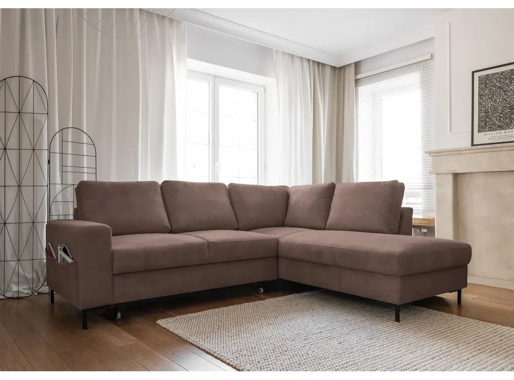 Кафяв разтегателен ъглов диван от рипсено кадифе (десен ъгъл) Lofty Lilly – Miuform