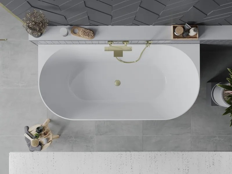 Mexen Oval Slim свободно стояща вана срещу стена 170 x 80 см, бяла, преливник златист четков - 52661708000-55