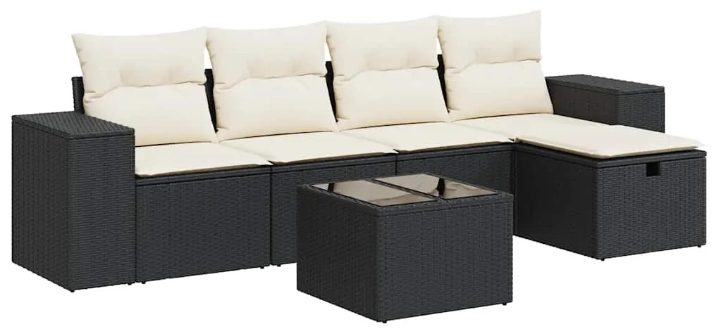 3325672 vidaXL Градински диван с възглавници, 6 части, черен, полиратан