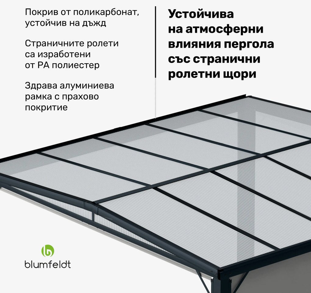Blumfeldt Пергола Pantheon Cortina Solid Sky 3x3, устойчива на атмосферни влияния, прахово боядисана, странични панели