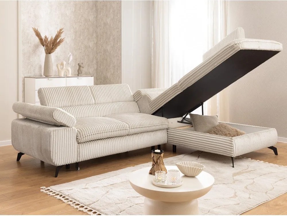 Кремав ъглов диван от рипсено кадифе (десен ъгъл L форма) Marbeya – Ropez