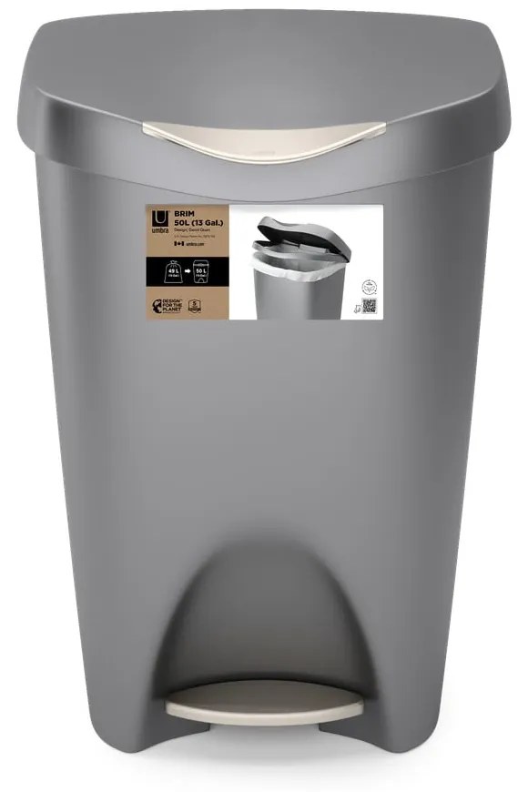 Сиво пластмасово кошче за боклук с педал 50 l Brim – Umbra