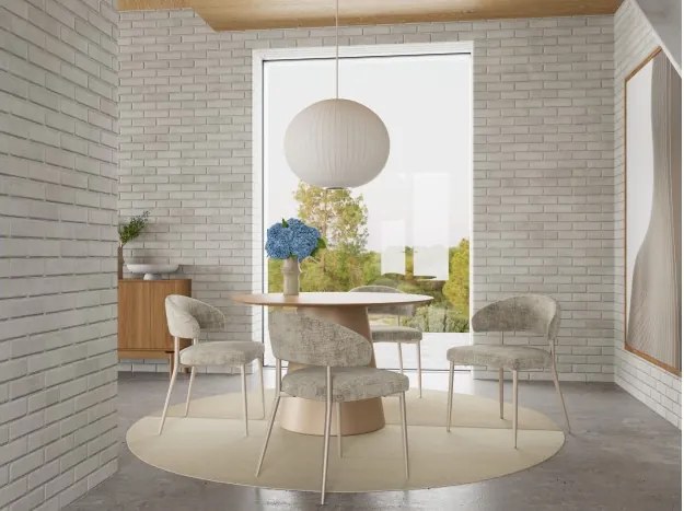 ИРИС Бежово (тъкан Juto 4)/сивобежова крака (кашмир) - МОДЕРЕН ТАПИЦИРАН СТОЛ ЗА БОХО ДНЕВНА/ТРАПЕЗАРИЯ