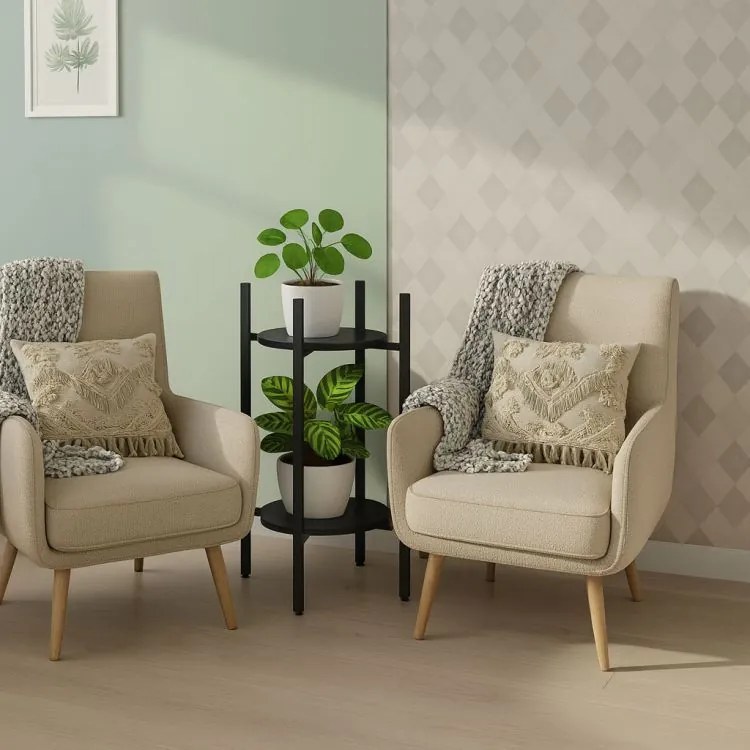 Стойка за цветя Loft - 2-етажна етажерка с кръгли черни рафтове