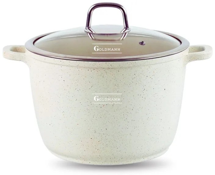 Дълбока тенджера Goldmann GM-0624B, 24 см, 6.2 л, Мраморно покритие, Стъклен капак с отвор за пара, Индукция, Бежов