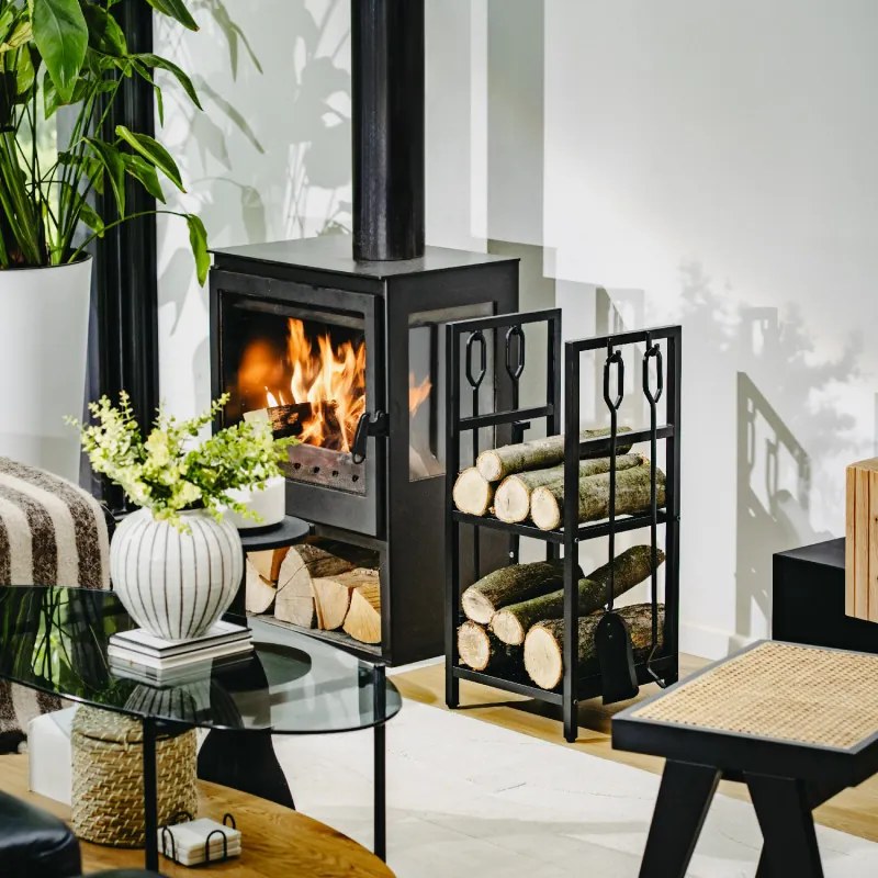 Стойка за дърва за огрев с инструменти Adler AD 6815, До 80 кг, Два рафта, Стоманена конструкция, Черен