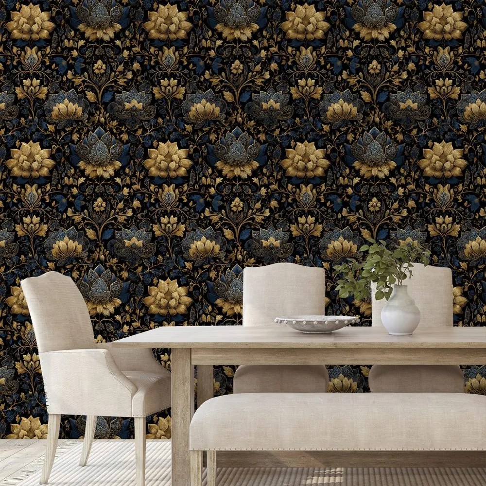 Фототапет – Златни цветя на тъмен фон