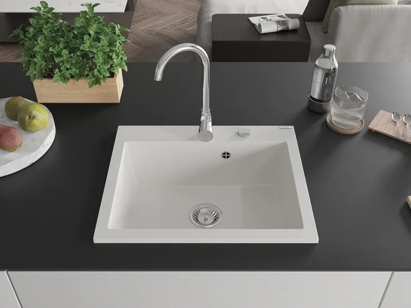 Mexen Elix гранитна кухненска мивка с 1 камера 600 x 500 mm, бяла, хромиран сифон - 6525601005-20