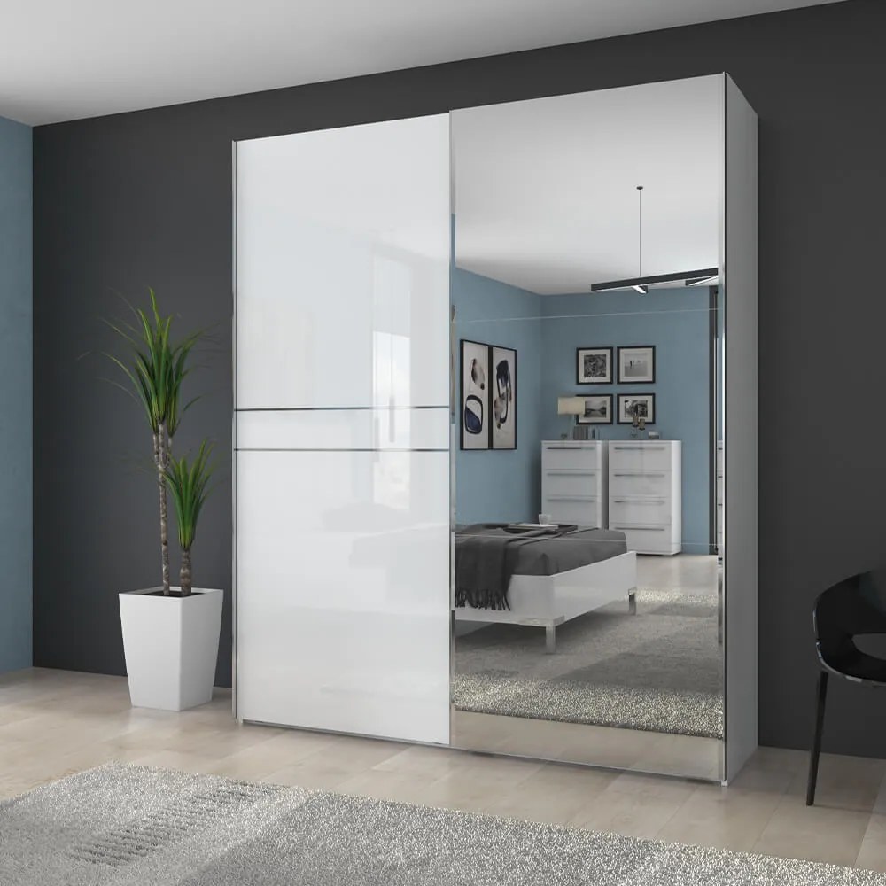 Гардероб с плъзгащи врати Realm 180 с огледало-бял