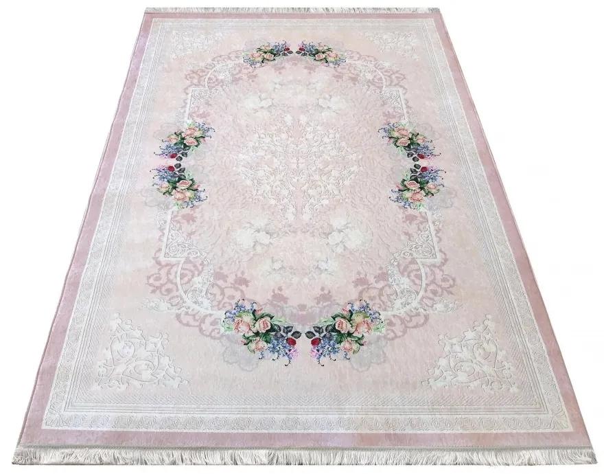 Розов противохлъзгав килим, фин цветен десен