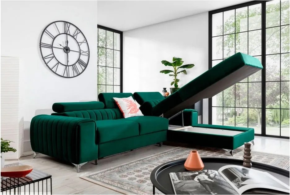 Зелен кадифен разтегателен ъглов диван с място за съхранение (десен ъгъл) Grayson – ELTAP