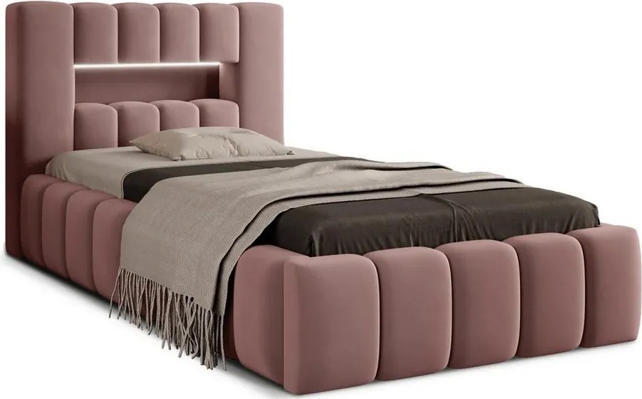 Розово единично тапицирано легло с място за съхранение и включена подматрачна рамка 90x200 cm Lamica – ELTAP