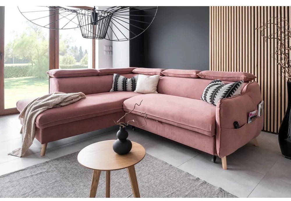 Ъглов диван от светлорозово кадифе (ляв ъгъл) Sweet Harmony - Miuform