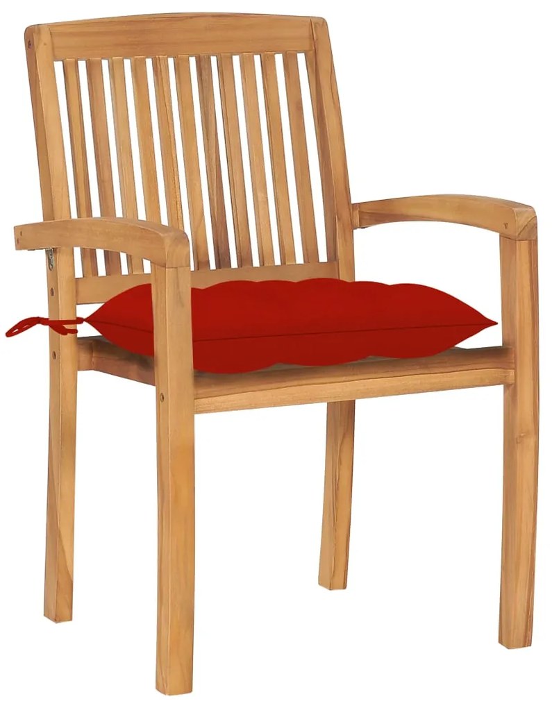 3063273 vidaXL Градински столове 2 бр червени възглавници тиково дърво масив