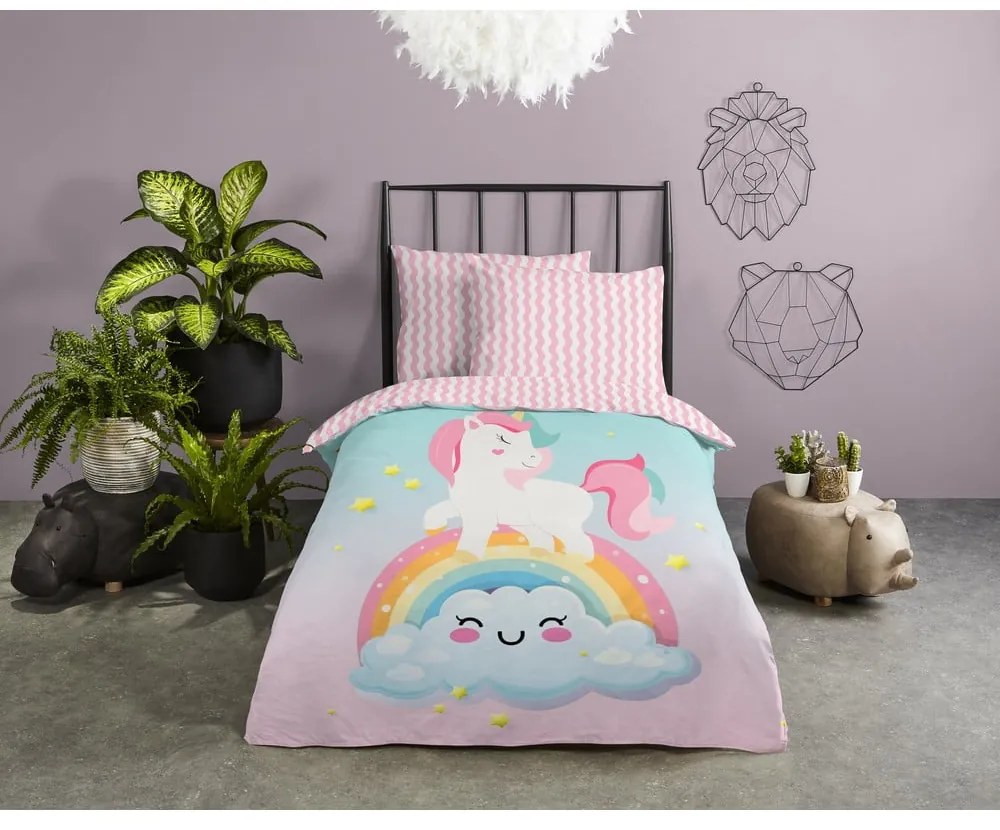 Розово-тюркоазено единично памучно детско спално бельо 140x200 cm Sweety – Good Morning