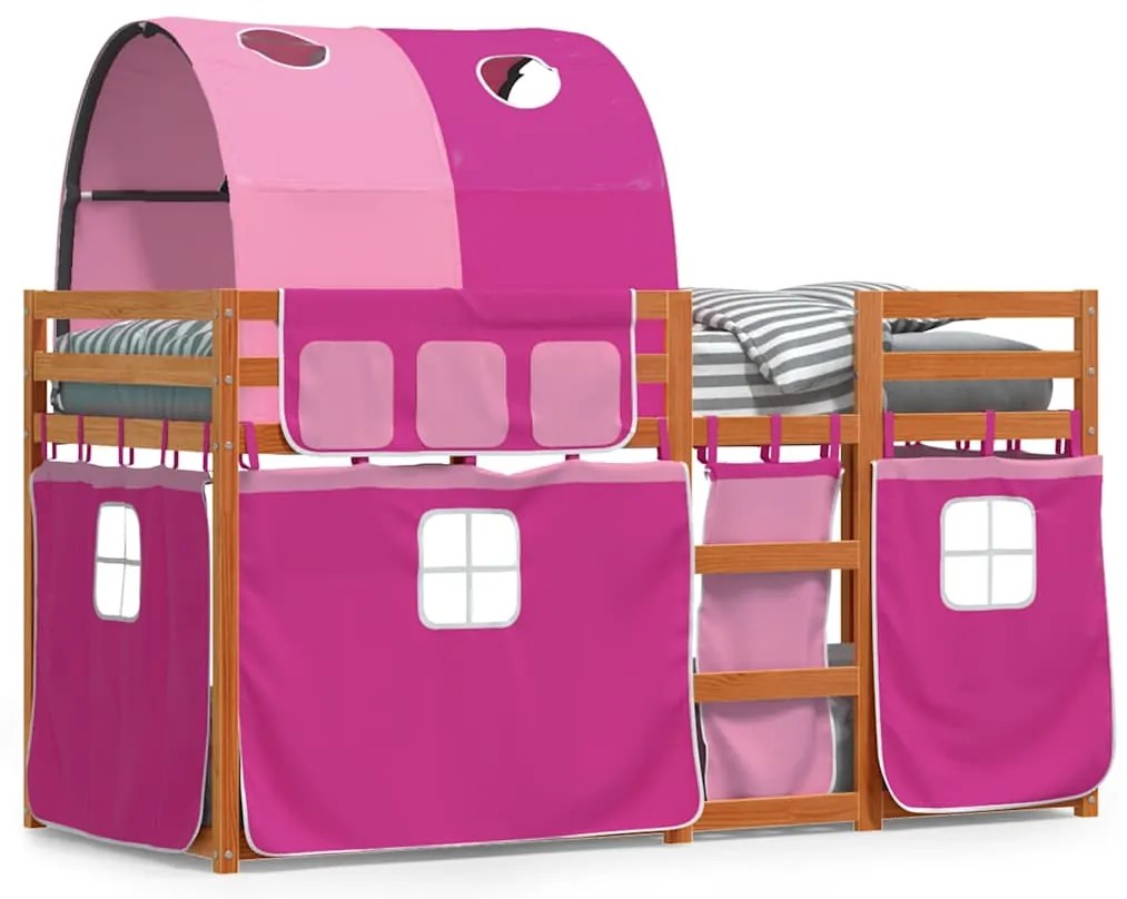 3284014 vidaXL Двуетажно легло със завеси розово 80x200 см масивен бор масив