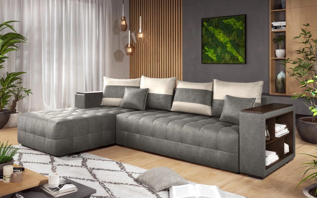 Разтегателен ъглов диван с подлакътник етажерка Мелвин