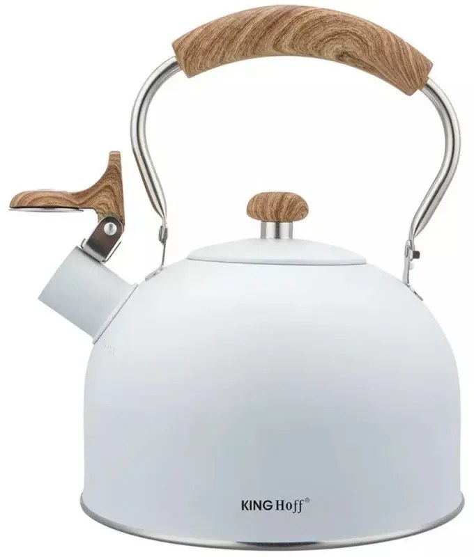 Свирещ чайник Kinghoff KH 1860, 2.5 л, Индукция, Дървена дръжка, Бял