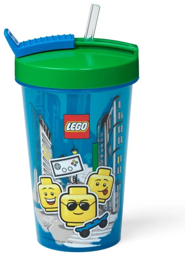 Синя чаша със зелен капак и сламка , 500 ml Iconic - LEGO®