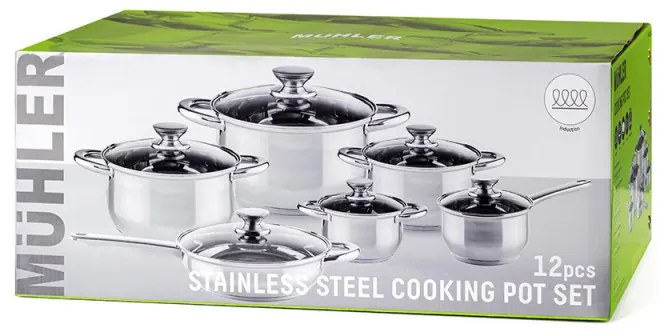 Комплект съдове за готвене Muhler MR-1242, 12 части, Неръждаема стомана, Трислойно дъно, Индукция, Сребрист