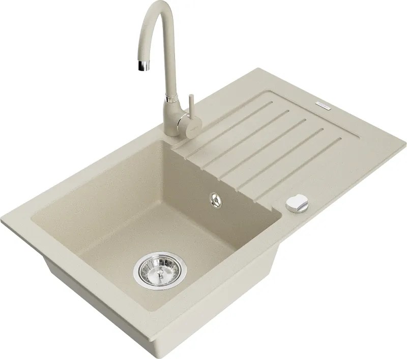 Mexen Pablo гранитна мивка с 1 корито с отцедник и кухненски смесител Telma, бежов - 6510-69-670200-69