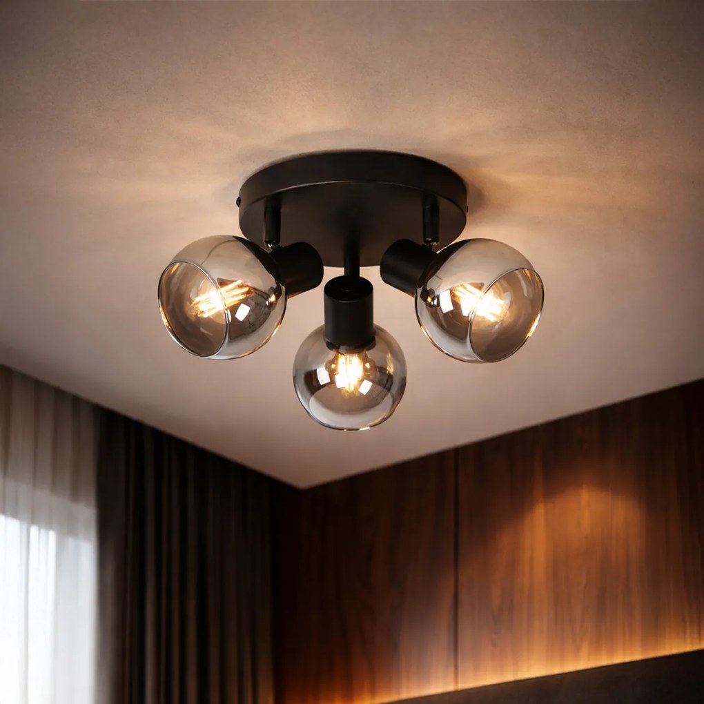 Таванен прожектор черен с димно стъкло 3-светлина - Vidro