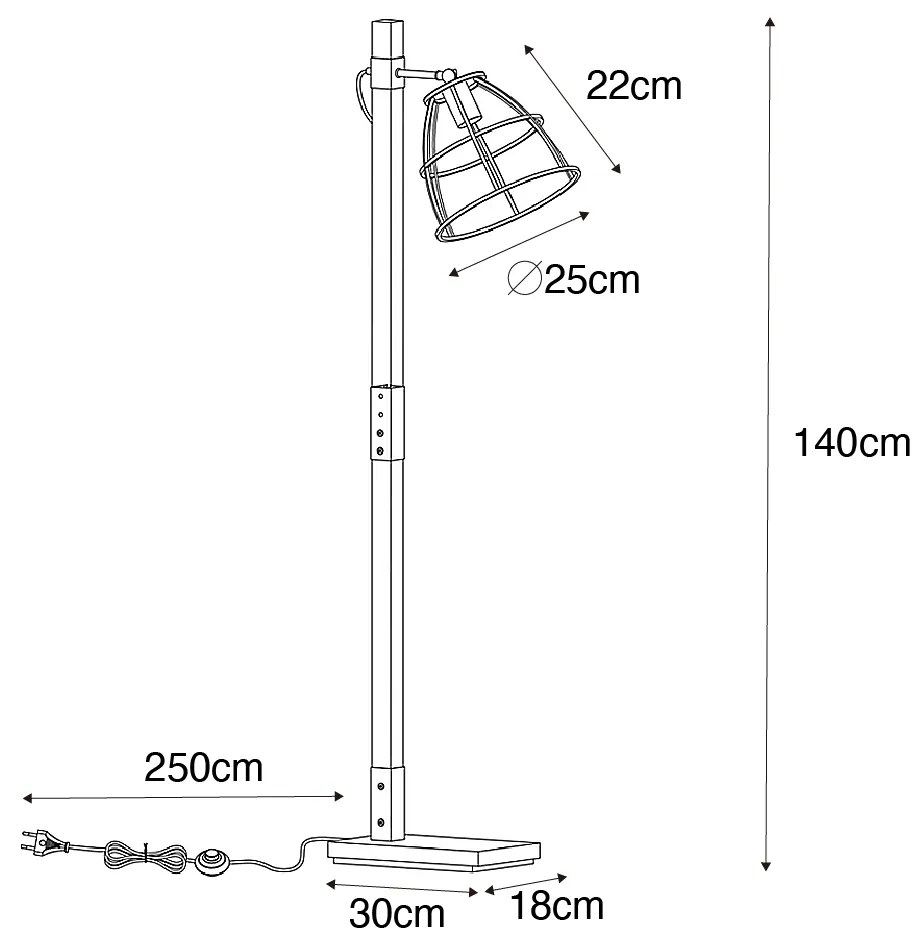 Индустриална подова лампа тъмно сива с дърво - Arthur