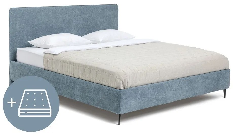 Синьо тапицирано двойно легло с матрак и решетка 160x200 cm Noira Slim - Bonami Selection