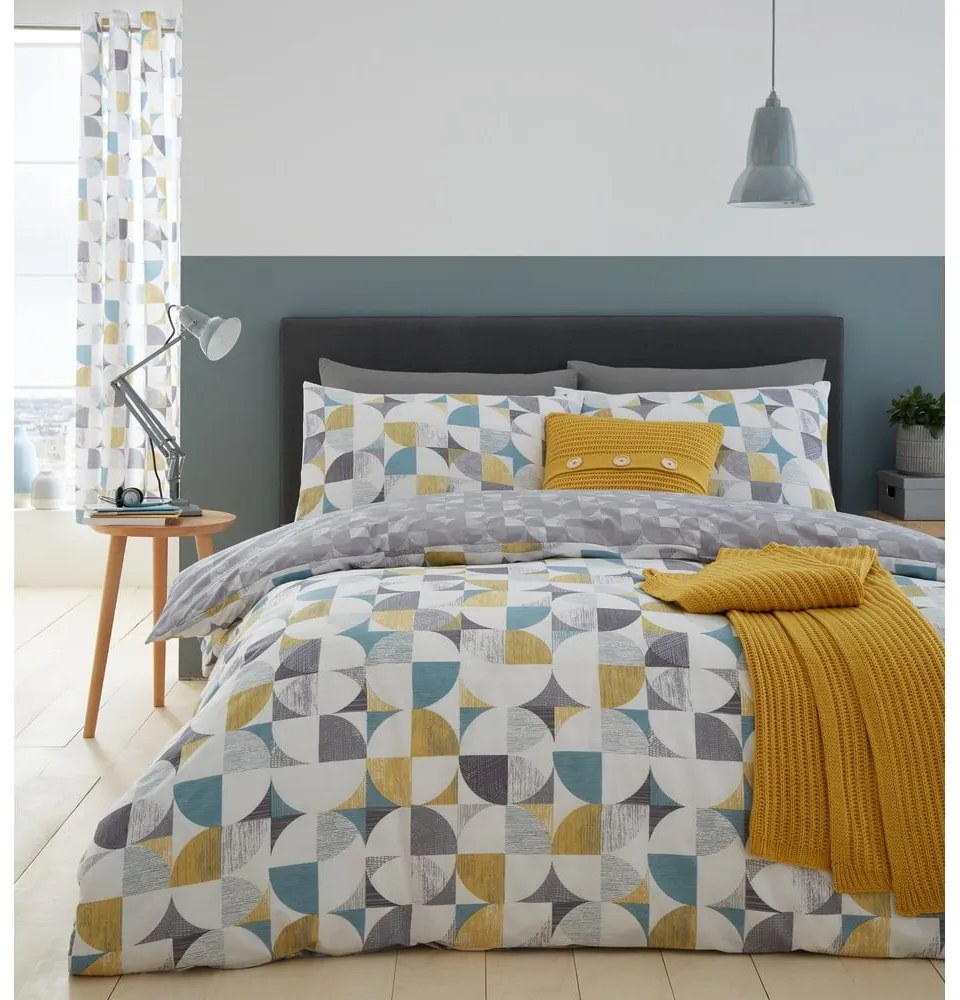 Сиво двойно удължено спално бельо 230x220 cm Retro Circles – Catherine Lansfield