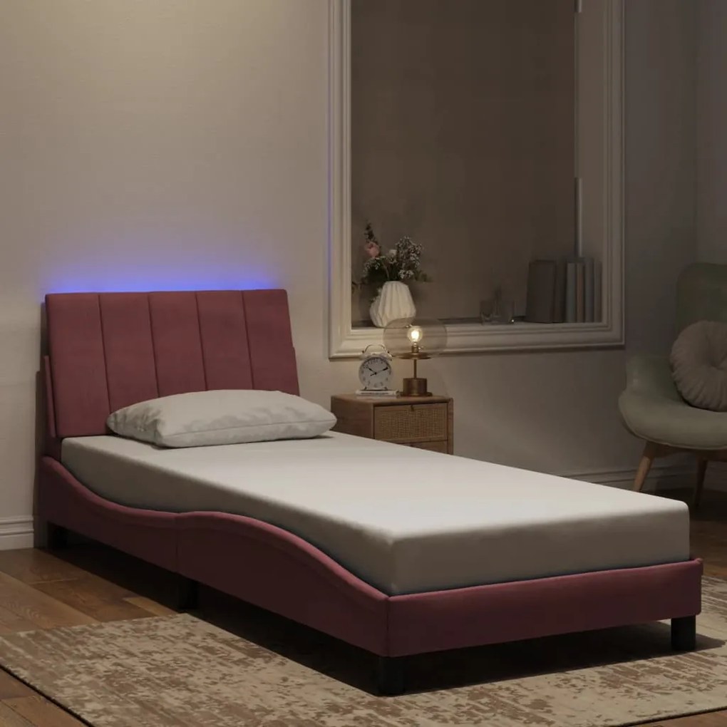 3213762 vidaXL Рамка за легло с LED осветление, розова, 90x200 см, кадифе