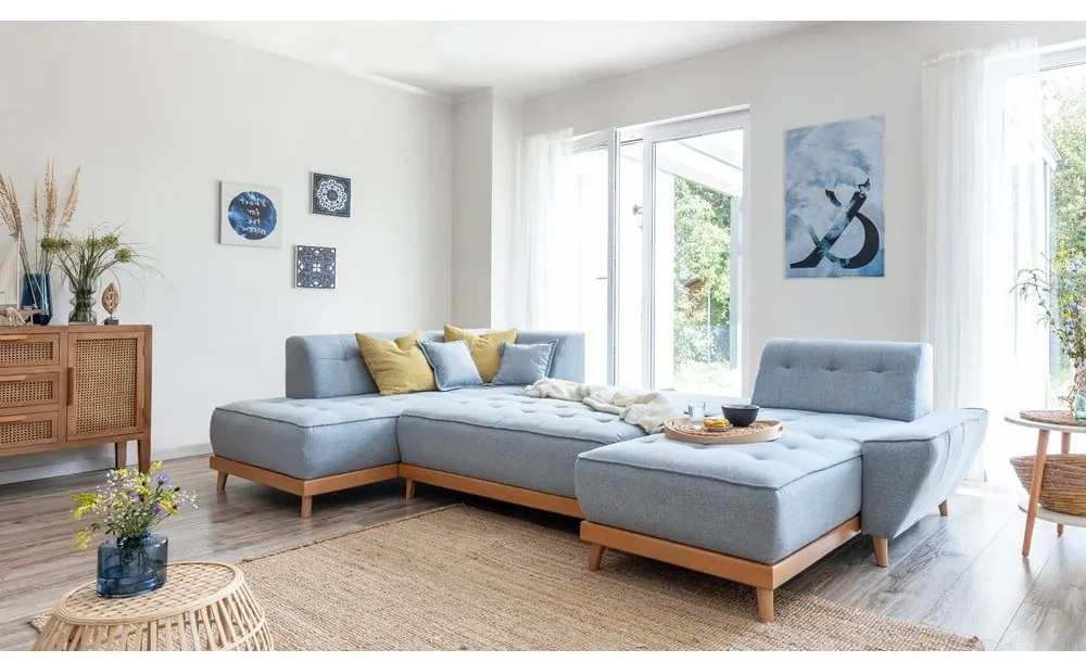 Светлосин U-образен разтегателен диван, ляв ъгъл Dazzling Daisy - Miuform