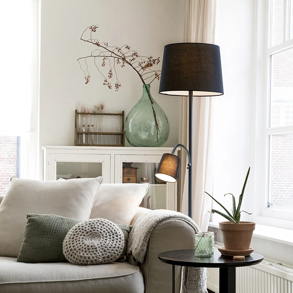 Класическа подова лампа черна с черен абажур и лампа за четене - Retro