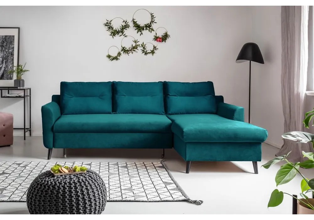 Ъглов разтегателен диван от тюркоазено кадифе, десен ъгъл Stylish Stan - Miuform