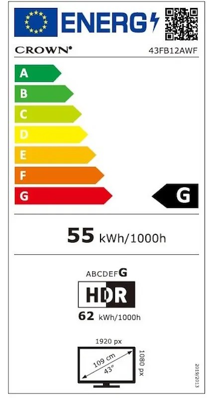 Телевизор Crown 43FB12AWF, 43", 109 см, FULL HD 1920x1080, Клас G, Android, Wi-Fi, PVR функция, Черен