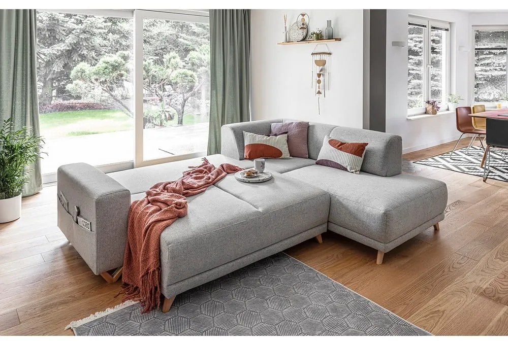 Светлосив разтегателен/с място за съхранение ъглов диван (десен ъгъл/L форма) Classy Sophie – Miuform