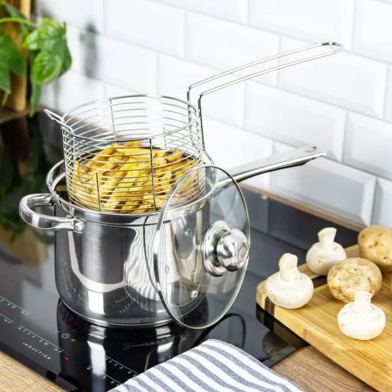 Тенджера с кошница за пържене Kinghoff KH 4581, 3.6 л, 18 см, Стъклен капак, Многослойно дъно, Индукция, Инокс