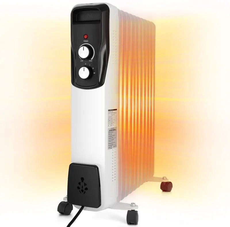 Маслен радиатор Sailnovo NSC-250-11F1, 2500W, 11 ребра, 30 м2, 3 степени, Въртящи се на 360 колелца, 10-35C, Бял