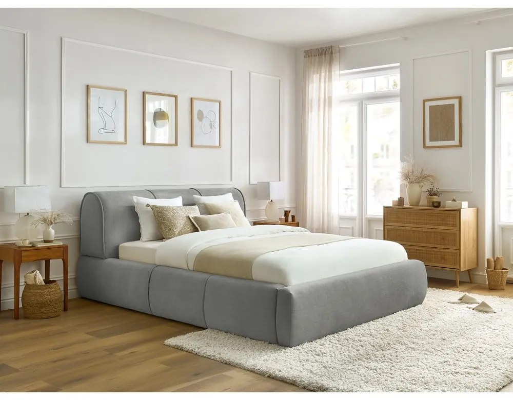 Светлосиво тапицирано двойно легло с място за съхранение с решетка 160x200 cm Vernon - Bobochic Paris