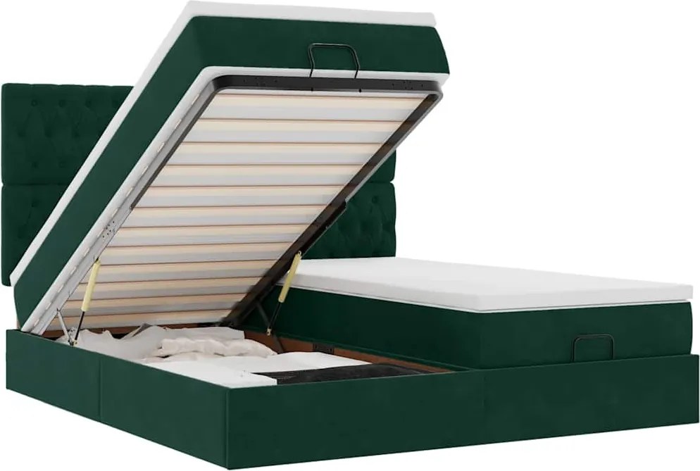 3314636 vidaXL Османска легло с матраци и LED, тъмнозелено, 160x200 см, кадифе