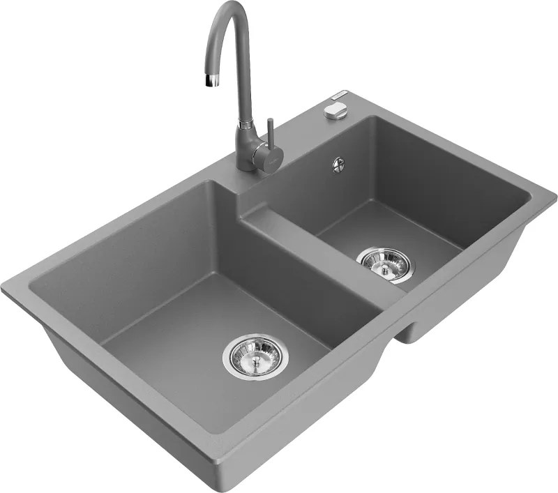Mexen Tomas гранитна мивка с 2 камери и кухненски смесител Telma, Сив - 6516-71-670200-71