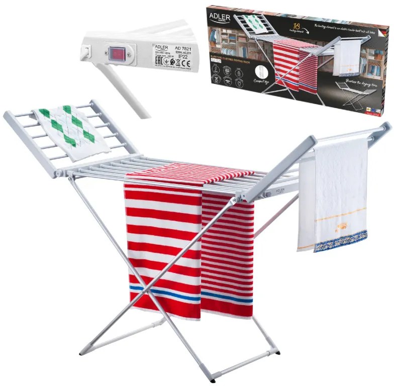 Електрически сушилник за дрехи Adler AD 7821, 220W, 18 нагревателни елемента, IP22, Бял