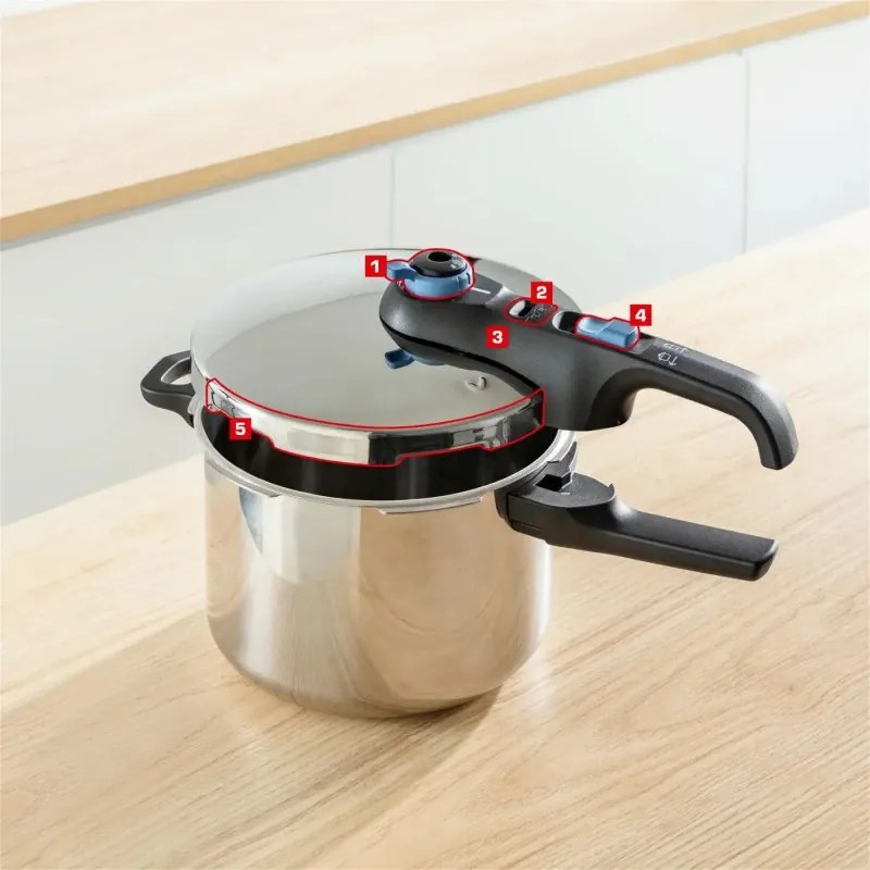 Тенджера под налягане Tefal P2584301, 4/6 л, 2 режима за зеленчуци и месо, 5точкова система за безопасност, Трислойно дъно, Индукция, Хром