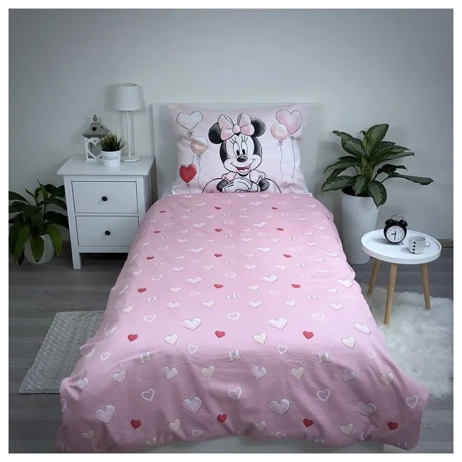 Розово единично памучно детско спално бельо 140x200 cm Minnie "Balloon" – Jerry Fabrics