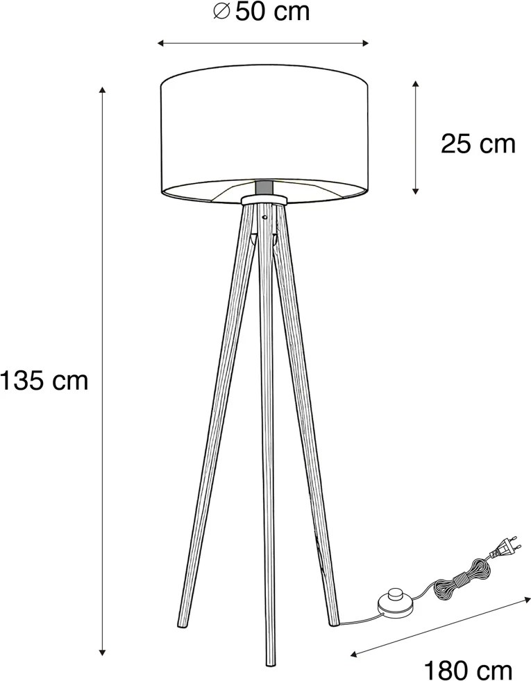 Модерна подова лампа от орехово дърво с бежов букле абажур 50 см - Tripod Classic