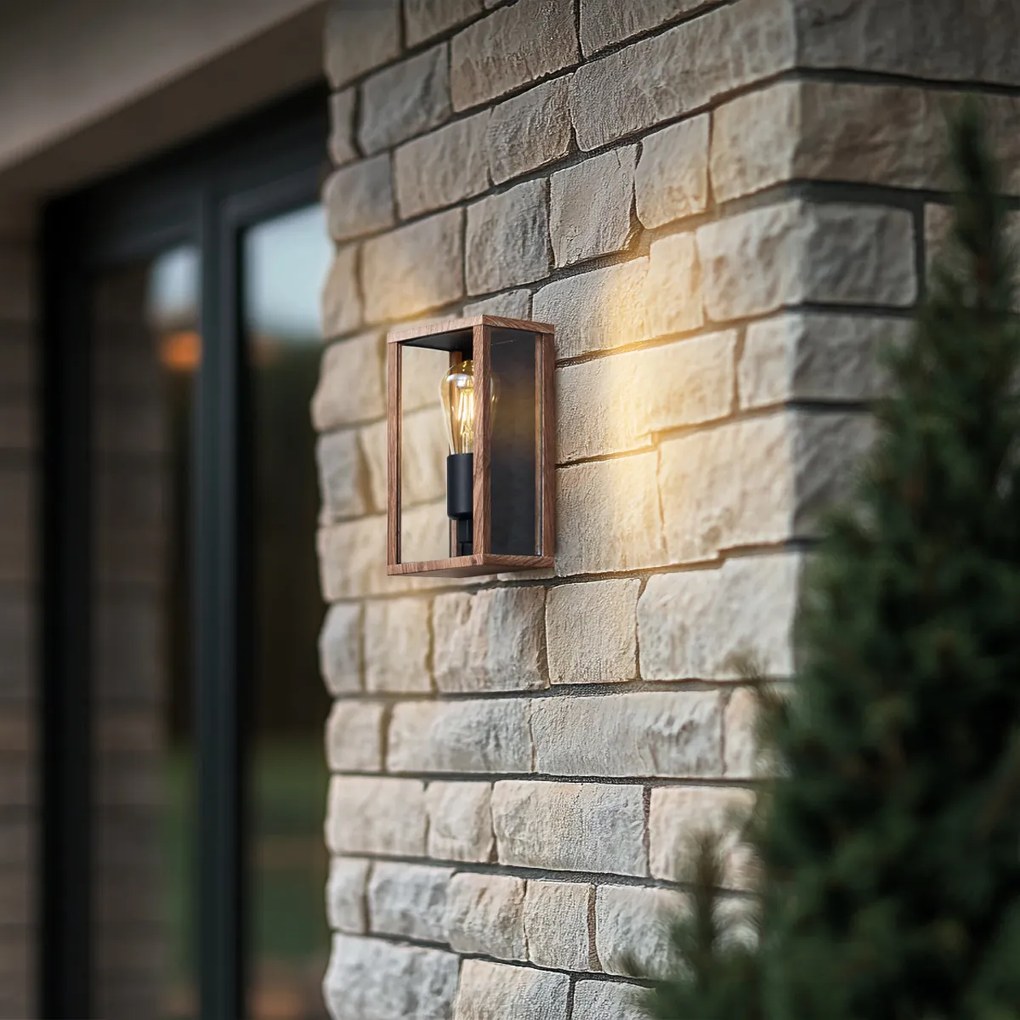 Индустриална стенна лампа с дървен принт 26 см IP44 - Charlois