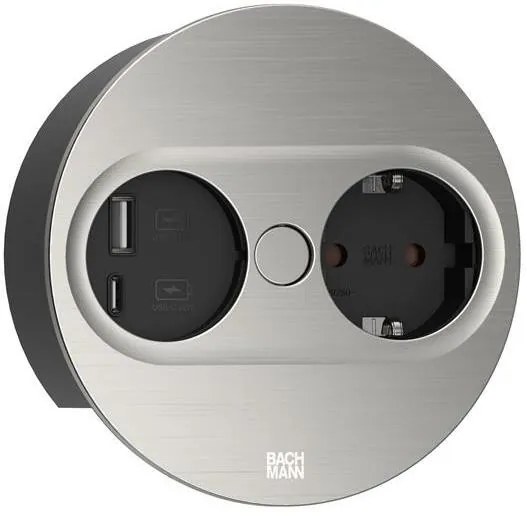 BACHMANN Модул TWIST 2 КРЪГЪЛ с 1х Шуко и USB тип A+C, с кабел 2м, цвят Инокс,  - B946.004
