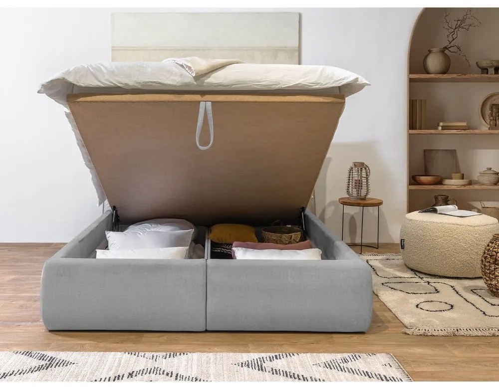 Светлосиво тапицирано двойно легло с решетка и място за съхранение 180x200 cm Jade - Bobochic Paris