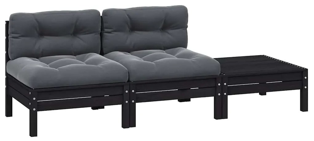 806686 vidaXL Градински комплект от 3 части, с възглавници, черен, бор масив