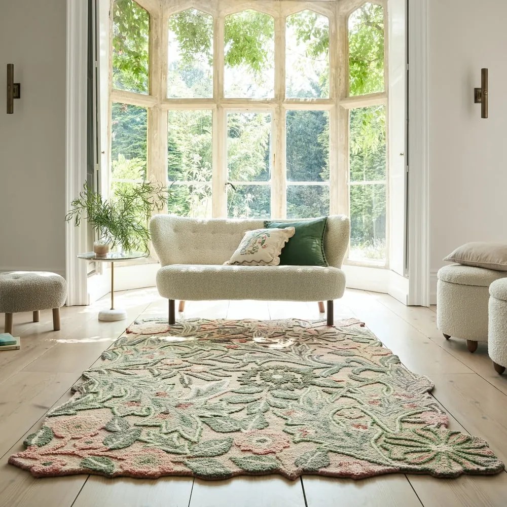 Зелен ръчно изработен вълнен килим 120x170 cm Bryony Shaped Floral – Flair Rugs