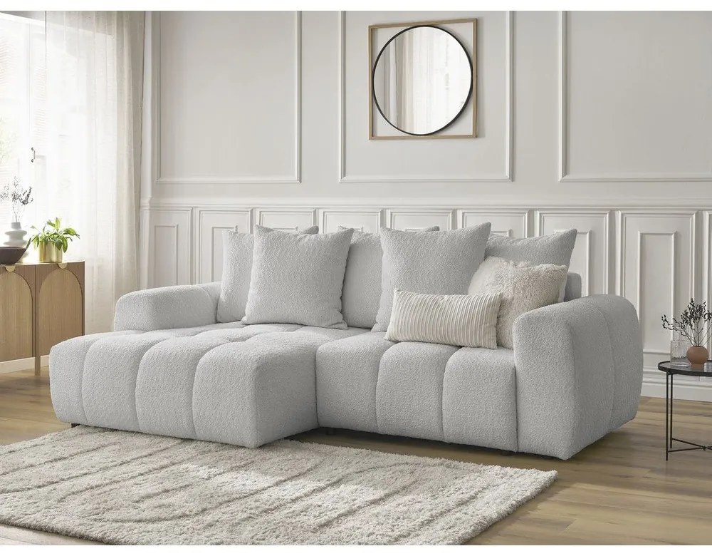 Светлосив разтегателен ъглов диван с място за съхранение от букле (ляв ъгъл) Roxelane – Bobochic Paris